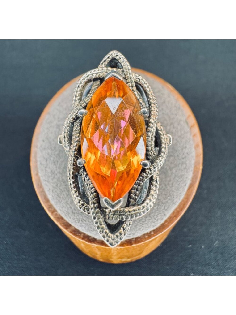 VTG Sterling Silver 925 Honey Quartz Marquise Cut Statement RIng Size 7.75